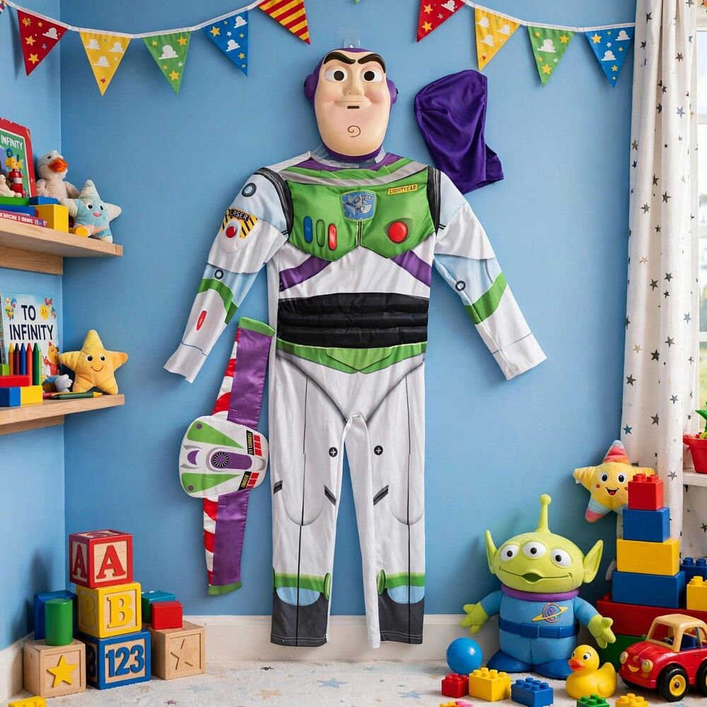 Disney Pixar Toy Story Buzz Lightyear Costume Kids 7 Mask Wings Hood Halloween